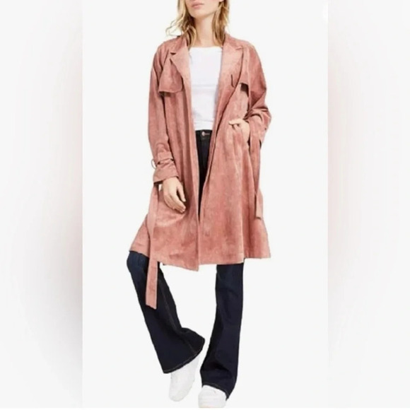 OAT New York Faux Suede Trench Coat in Color Blush - Picture 1 of 4